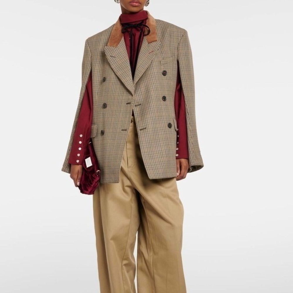 Maison Margiela Houndstooth Plaid Cape Jacket Brown Camel‎ Wool IT 38 US Size 6